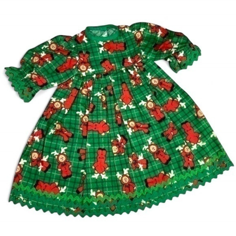 Handmade Vintage Doll Dress Green Red Teddy Bear Christmas Print Fabric - Picture 1 of 12